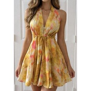 Zara Halter Mini Dress Tie Dye Women's M Backless Babydoll Fairy Cotton